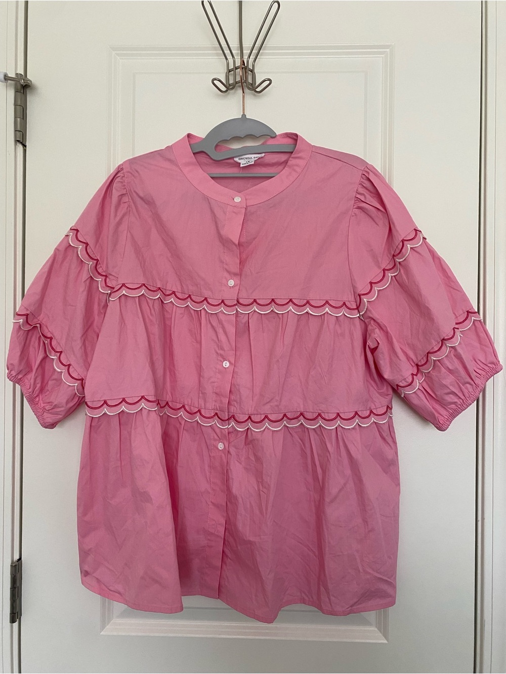 Chic Soul Pink Blouse 1X Plus Size Scallop Trim Tiered Cotton Top